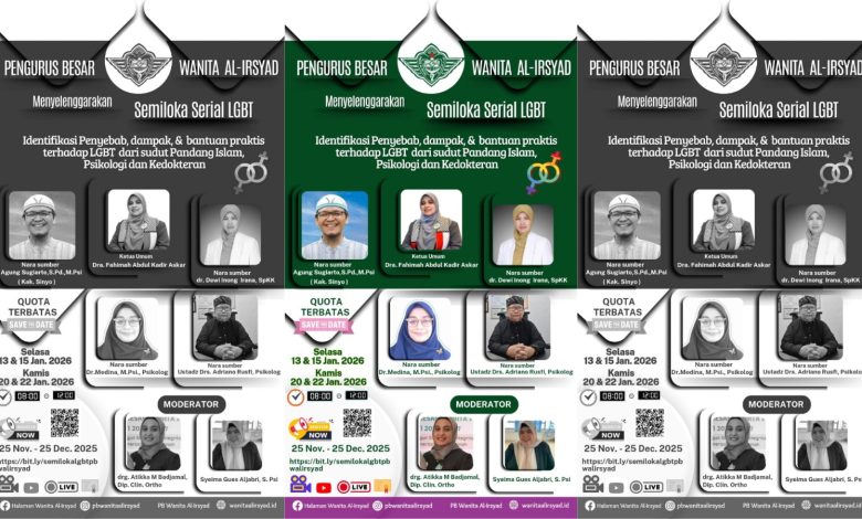 Semiloka Nasional PB Wanita Al Irsyad hadir Januari 2026, membahas edukasi, kesehatan, dan psikologi terkait isu LGBT dari perspektif organisasi.